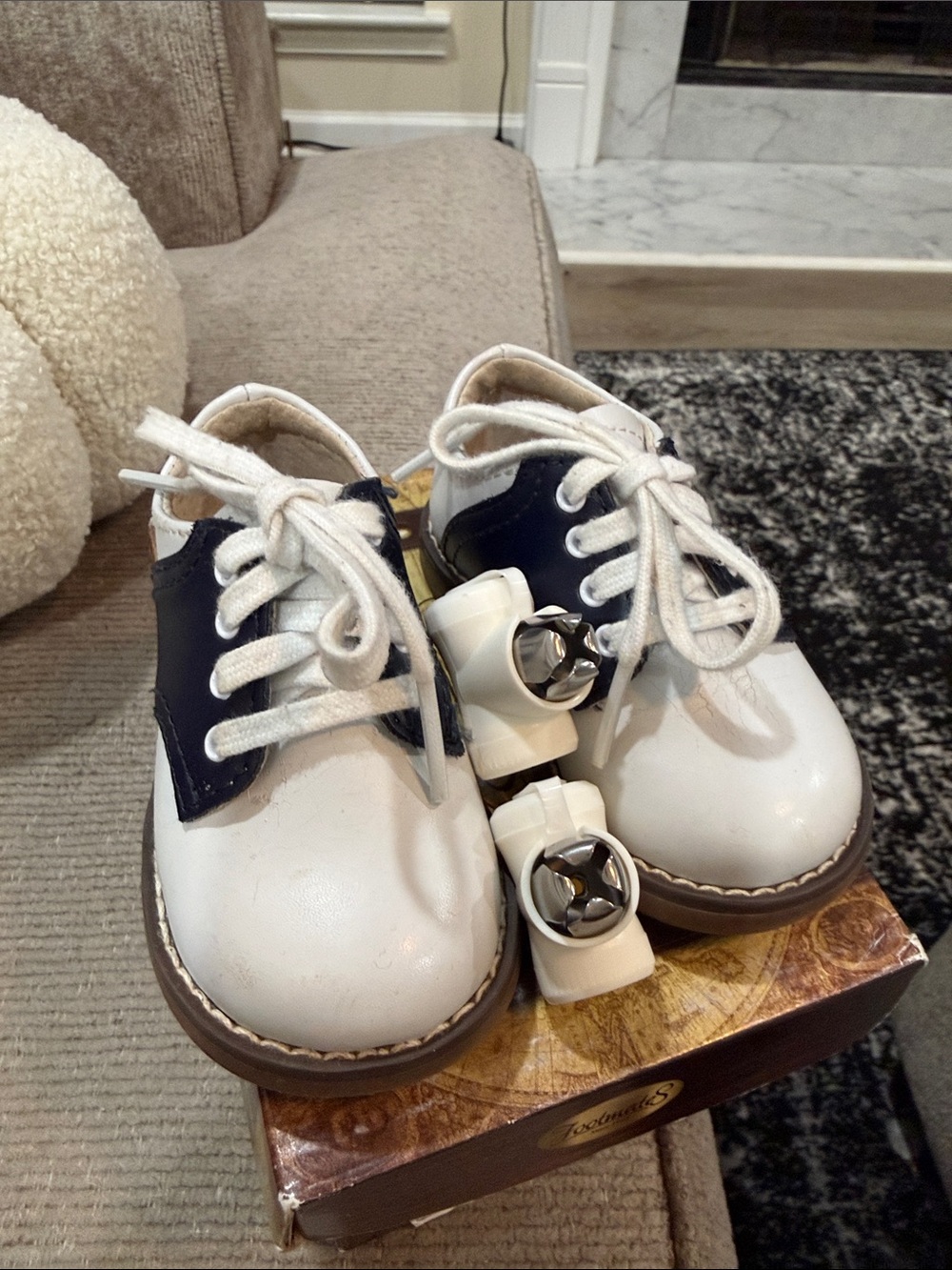 Footmates Classic Kids White and Navy Leather Lace-Up Shoes with Bells included